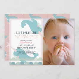 Invitación Narwhal Waves Sea Chica Rosa Primer cumpleaños Fot