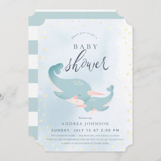 Invitación Narwhals Watercolor Blue Boy Baby Shower (Anverso / Reverso)