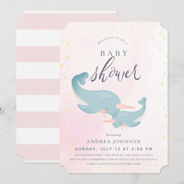 Invitación Narwhals Watercolor Chica rosa Baby Shower (Anverso / Reverso)