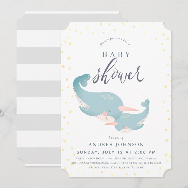 Invitación Narwhals Watercolor Gray Baby Shower (Anverso / Reverso)