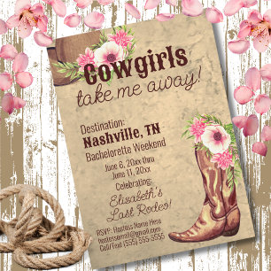 Invitación Nashville Bachelorette Floral Pink Cowgirl