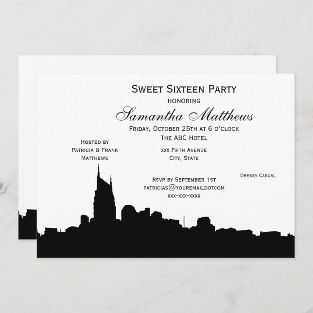 Invitación Nashville Black Skyline Silhouette Sweet 16 (Anverso / Reverso)
