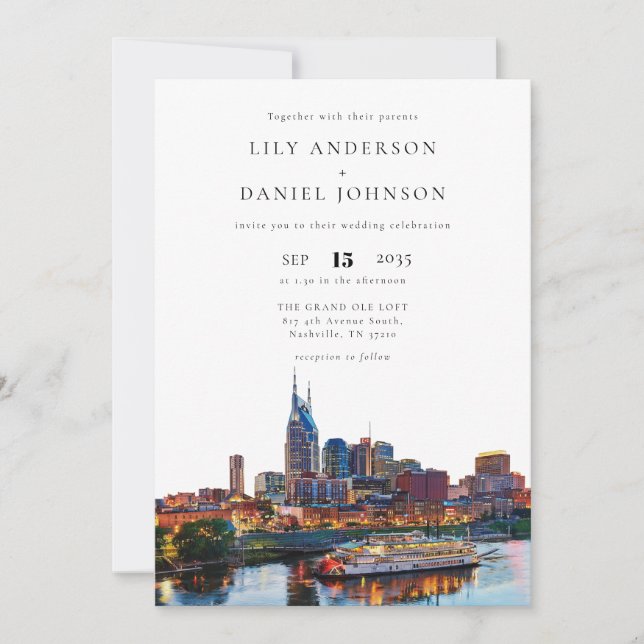 Invitación Nashville Riverfront Watercolor Elegant Wedding (Anverso)