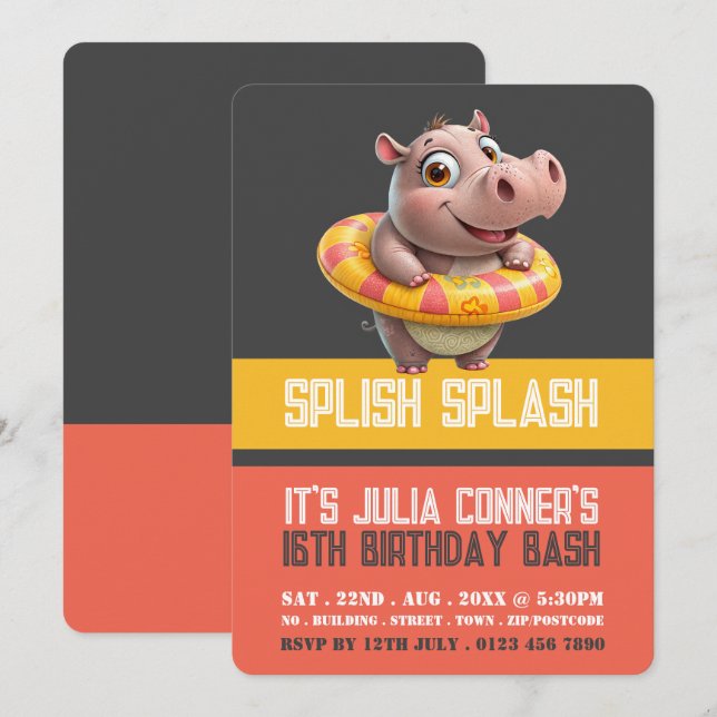 Invitación Natación Hippo, Fiesta de la piscina Cumpleaños (Anverso / Reverso)