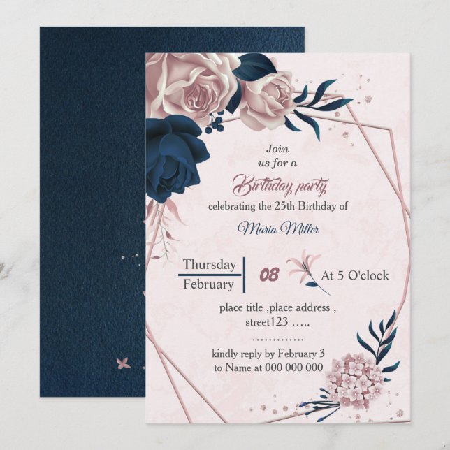 Invitación natalidad elegante con flores rosadas y marina geo (Anverso / Reverso)