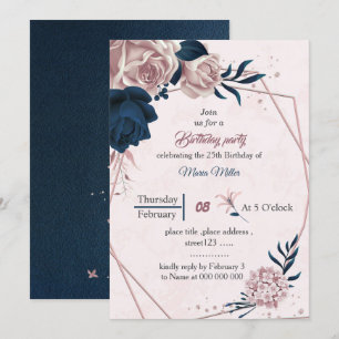 Invitación natalidad elegante con flores rosadas y marina geo