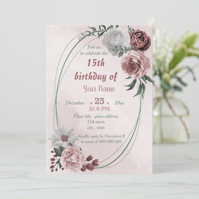 Invitación natalidad floral floral canela rosa (Anverso de pie)