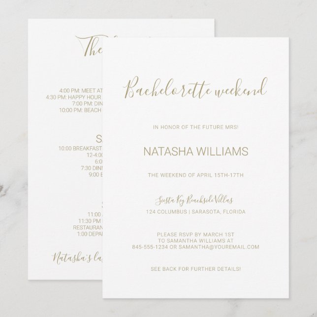 Invitación Natasha Gold Bachelorette Weekend con Itinerario (Anverso / Reverso)