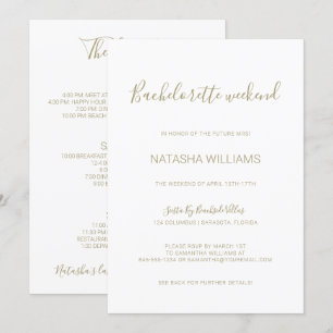 Invitación Natasha Gold Bachelorette Weekend con Itinerario