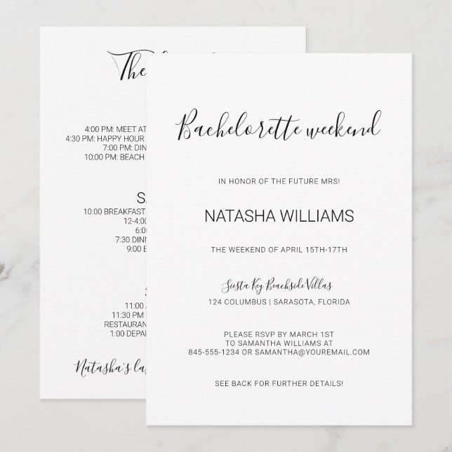 Invitación Natasha Moda Bachelorette Weekend con Itinerario (Anverso / Reverso)