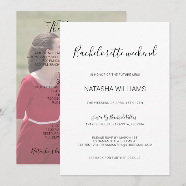 Invitación Natasha Photo Bachelorette Weekend con Itinerario (Anverso / Reverso)