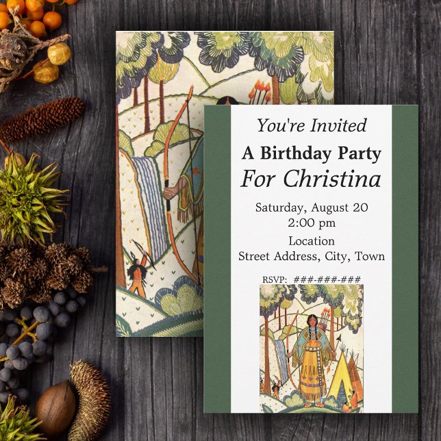 Invitación Nativa Vintage Estadounidense (Native american woman forest scene with teepee with embroidered look Birthday party invitations.)