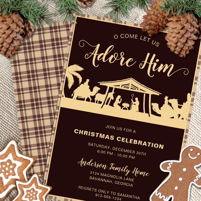 Invitación Natividad marrón y oro Fiesta de Navidades religio (Religious Christmas party invitation with nativity scene , brown flannel and gold calligraphy script)