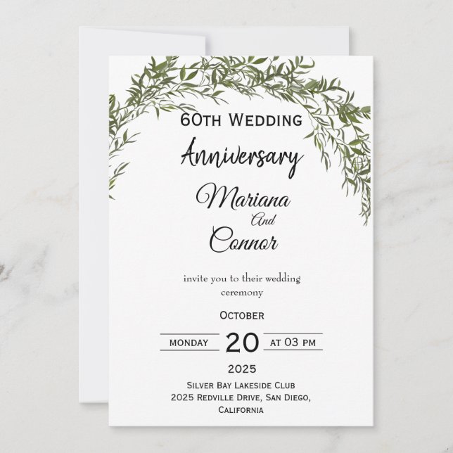 Invitación Natural Classic Greenery Wedding Anniversary  (Anverso)