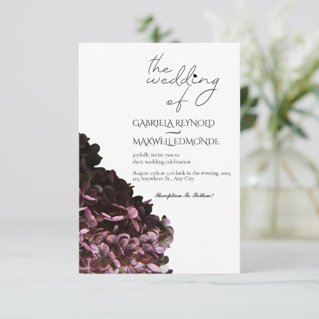Invitación Naturaleza Boda de hidrangea blanca y negra (Anverso de pie)