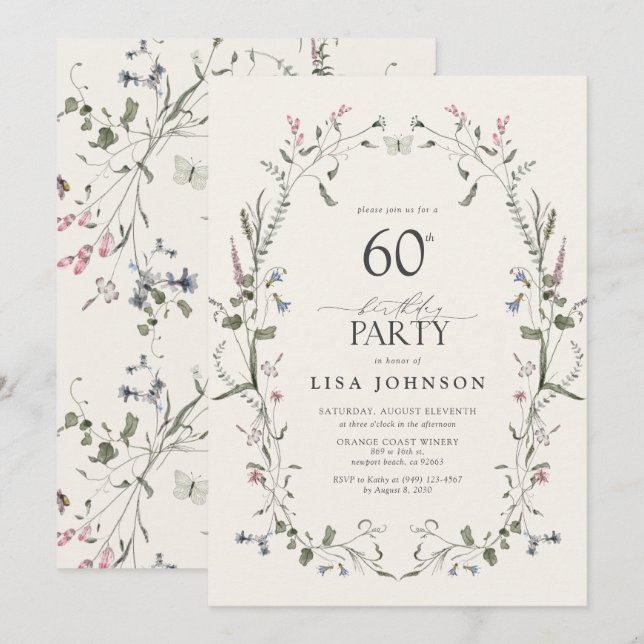 Invitación Naturaleza Floral 60 cumpleaños fiesta acuarela (Anverso / Reverso)