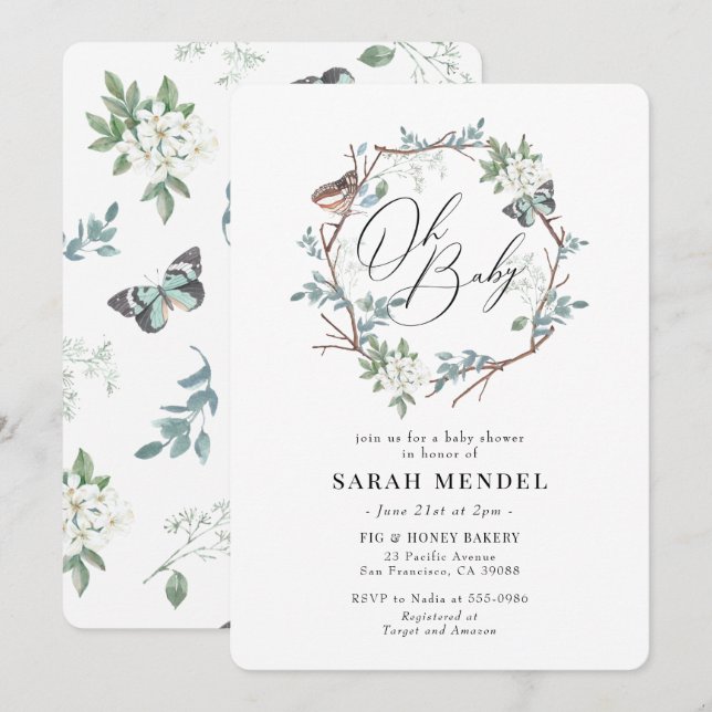 Invitación Naturaleza Mariposa Floral Wreath Baby Shower (Anverso / Reverso)