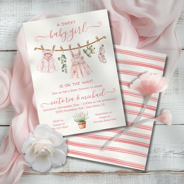 Invitación Naturaleza rosa Boho Chica Baby Shower Clothesline (Subido por el creador)