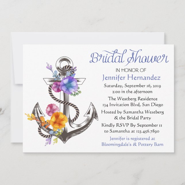 Invitación Naudal Bridal Shower Blue Anchor Floral (Anverso)