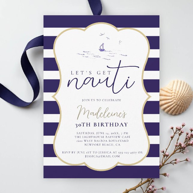 Invitación Nauti Nautical Boat Fiesta Costa 30 cumpleaños (nautical 30th birthday invitation women her coastal beach yacht boat sailing stripes elegant frame)