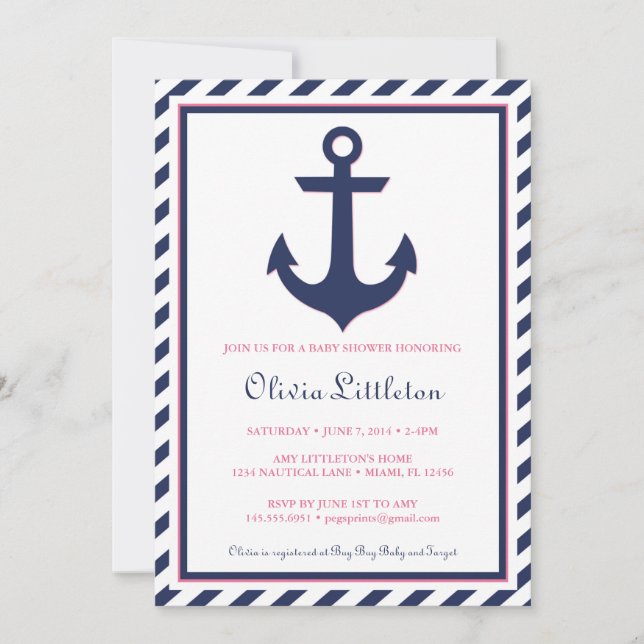 Invitación náutica a Baby Shower - Ahoy es Chica (Anverso)