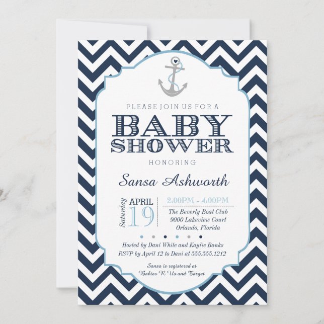 Invitación náutica a Baby Shower, azul Chevron (Anverso)