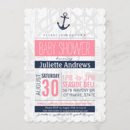 Invitación náutica a Baby Shower, azul rosado Chic