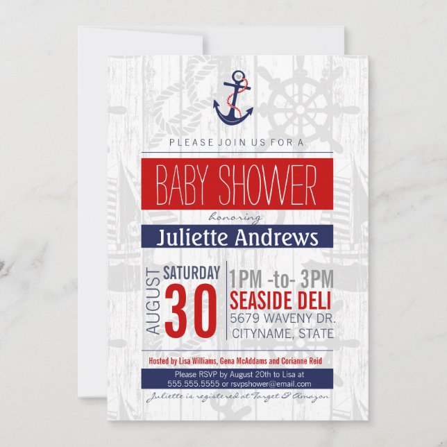 Invitación náutica a Baby Shower, Boy Blue Red Aho (Anverso)