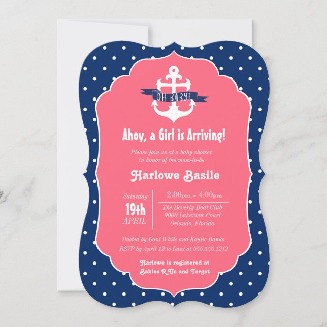 Invitación náutica a Baby Shower, Chica azul rosad (Anverso)
