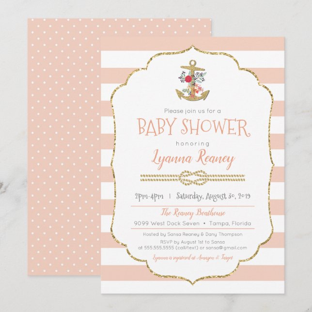 Invitación náutica a Baby Shower con ancla floral (Anverso / Reverso)