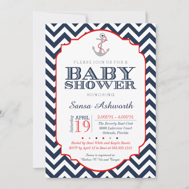 Invitación náutica a Baby Shower, marina roja Chev (Anverso)