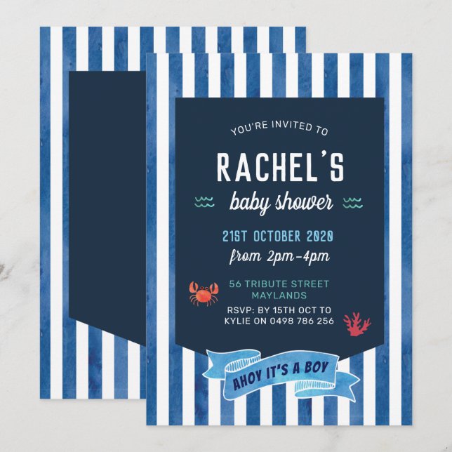 Invitación náutica a Baby Shower, náutica (Anverso / Reverso)