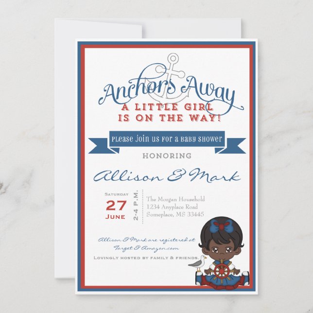 Invitación náutica afroamericana a Baby Shower (Anverso)