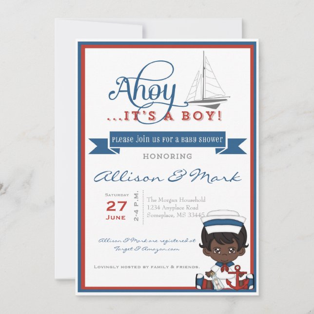 Invitación náutica afroamericana a Baby Shower (Anverso)