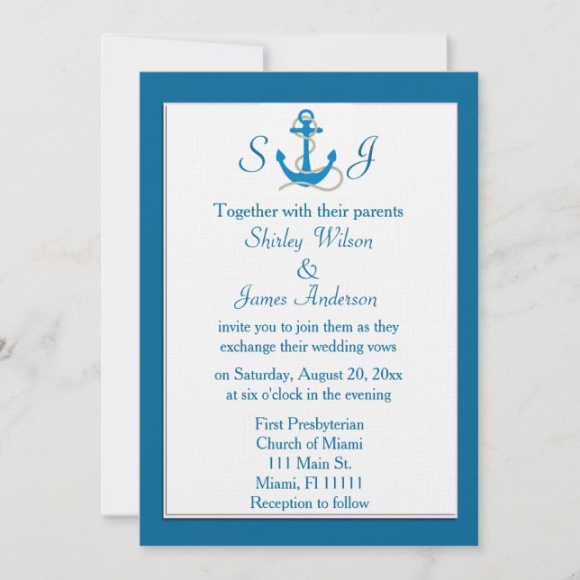 Invitación náutica azul de la boda (Anverso)