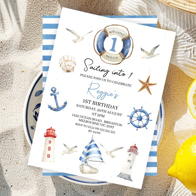 Invitación Náutica azul en un primer cumpleaños (Nautical Sailing into One 1st Birthday Invite Boy Sailing Boat Party Invitation Printable Blue Red)
