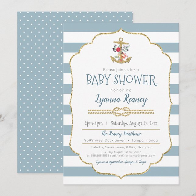 Invitación Náutica Baby Shower Floral Anchor Naval Azul (Anverso / Reverso)