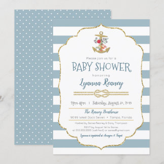 Invitación Náutica Baby Shower Floral Anchor Naval Azul