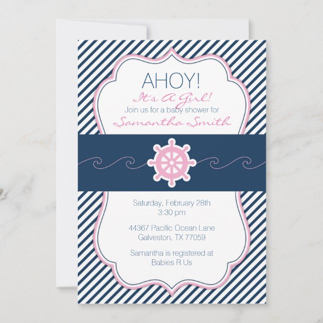 Invitación náutica Baby Shower - Marina Azul y ros (Anverso)