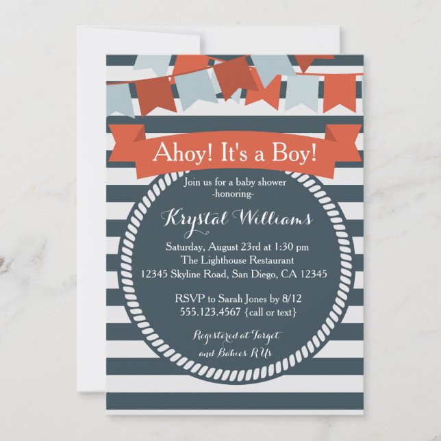 Invitación náutica Baby Shower rojo y azul (Anverso)