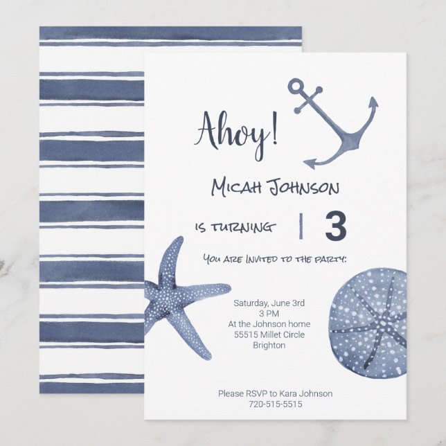 Invitación Náutica Blue Birthday Cualquier Edad (Anverso / Reverso)