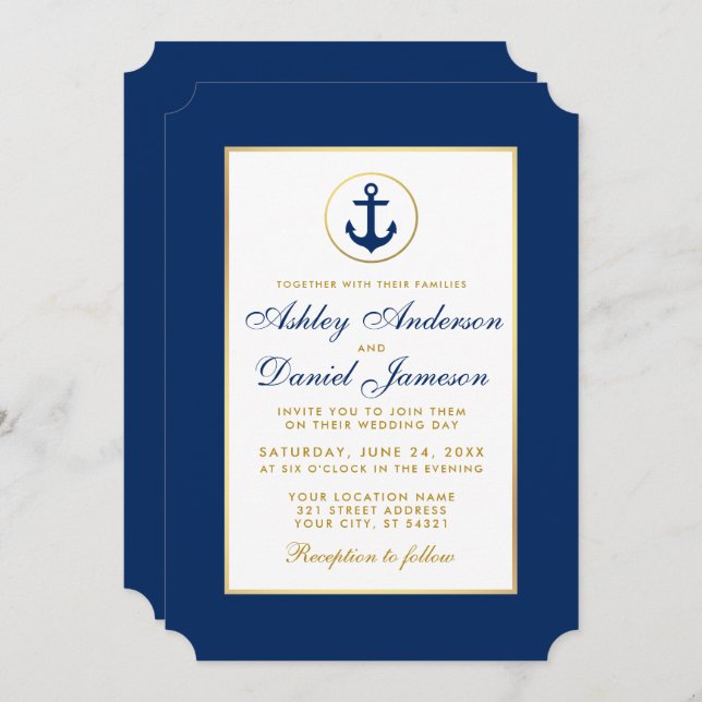 Invitación Náutica Boda Azul y Oro (Anverso / Reverso)