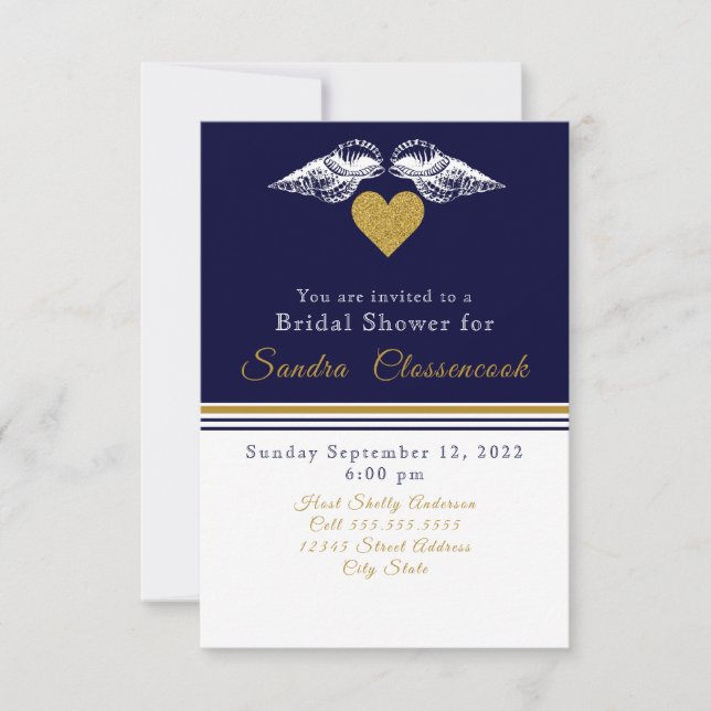 Invitación Náutica Costera Bridal Shower Navy Blue Shells (Anverso)