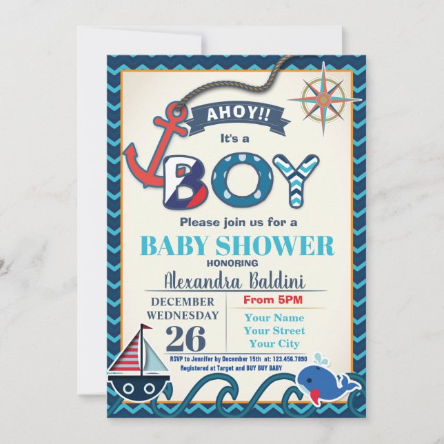 Invitación náutica de Baby Shower a un niño (Anverso)