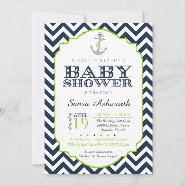 Invitación náutica de Baby Shower, azul de la cal (Anverso)