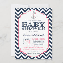 Invitación náutica de Baby Shower, azul rosado de