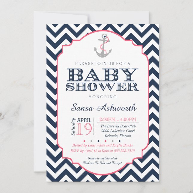 Invitación náutica de Baby Shower, azul rosado de (Anverso)