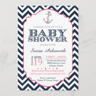 Invitación náutica de Baby Shower, azul rosado de