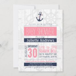 Invitación náutica de Baby Shower, azul rosado del