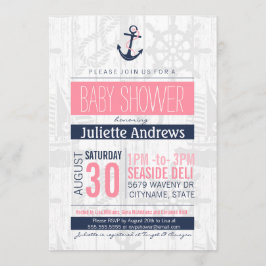 Invitación náutica de Baby Shower, azul rosado del